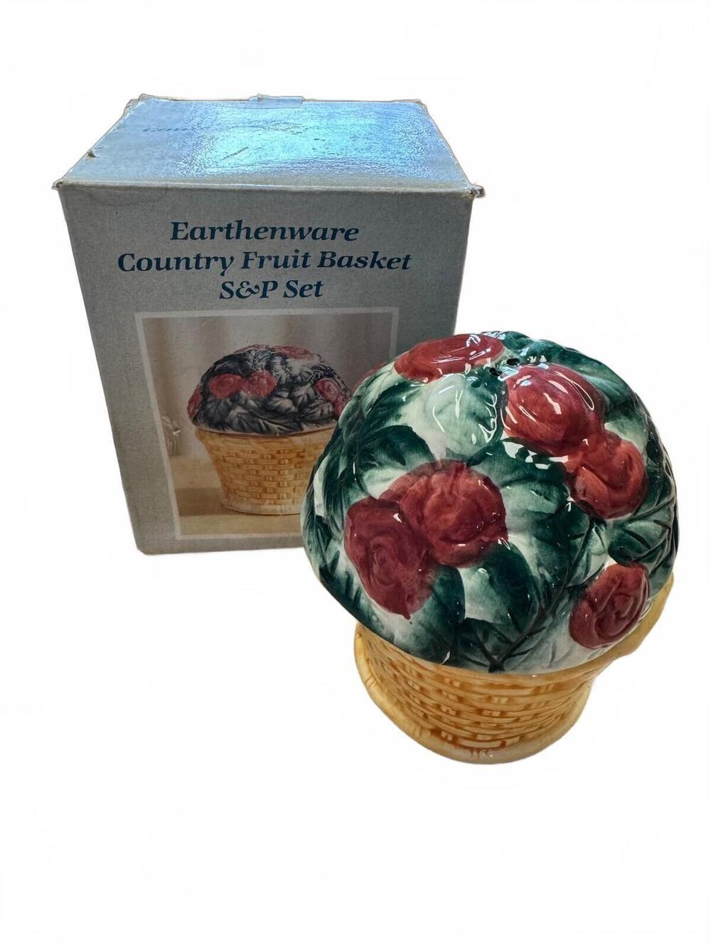 Vintage Walmart Earthenware Country Fruit Basket Salt Pepper Shaker Set Box
